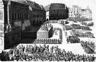 Execution of 27 Czech noblemen on the Old Town Square in Prague as a consequence of the Battle of White Mountain.